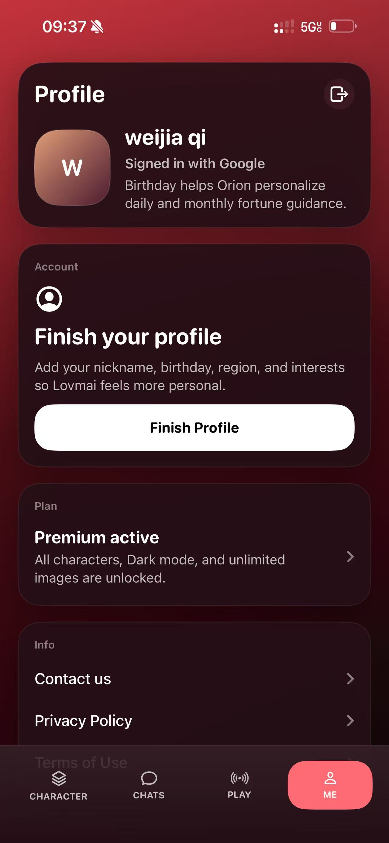 Lovmai app profile screen